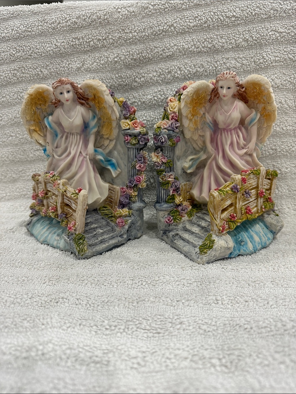Angel Figurine Bookends in Pastel Pink and Blue